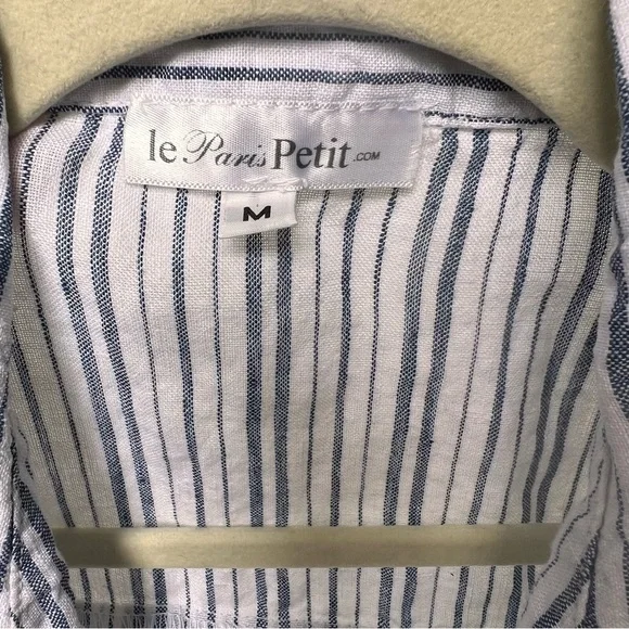 Le Paris Petit Linen Sleeveless Tunic Dress Pinstripe Button Down High Low Hem M - Picture 10 of 10